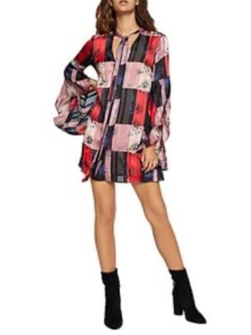 BCBGeneration Red & Pink Patchwork Long Sleeve Mini Dress